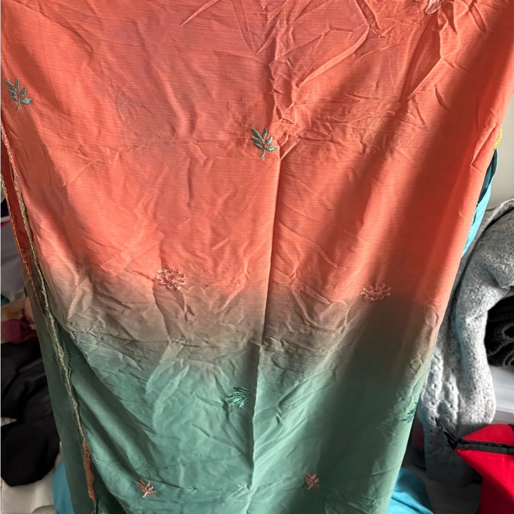 Orange and Green Embroidered Dupatta